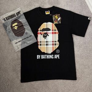 A Bathing Ape Black Short Sleeve Tee with Plaid Ape Logo